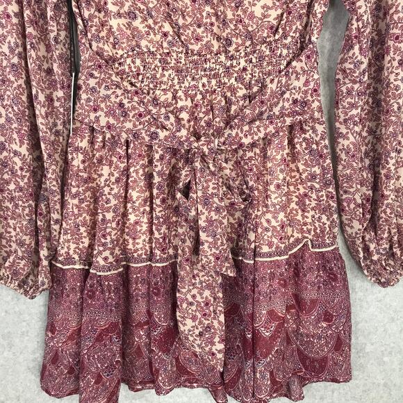 Japna Dress Small Pink Cream Paisley Wrap Flowy Puff Tie Belt Cottage Boho - Picture 11 of 15